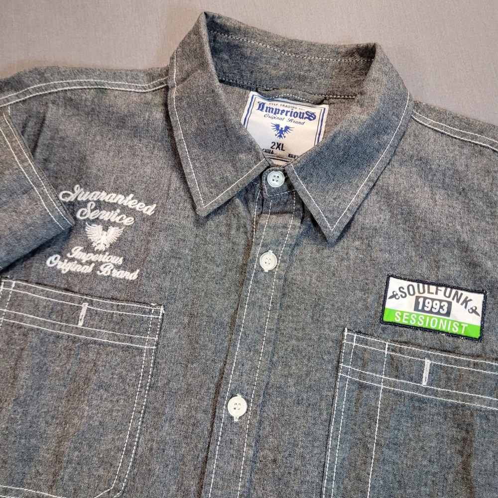 Imperious Men Button Down Shirt 2XL Gray Graphic Workwear Streetwear Grunge Y2K